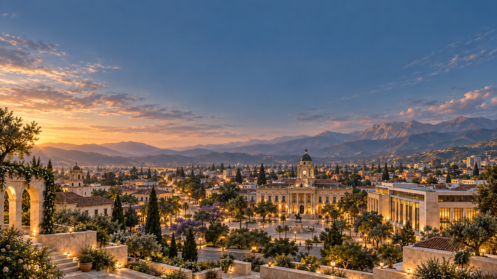 Vista artística de una ciudad entre montañas, con una plaza cívica, edificios públicos y barrios al atardecer